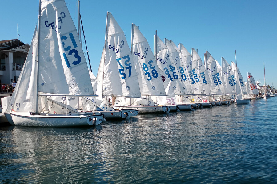 A fleet of Flying Junior dinghies docked, hulls visible